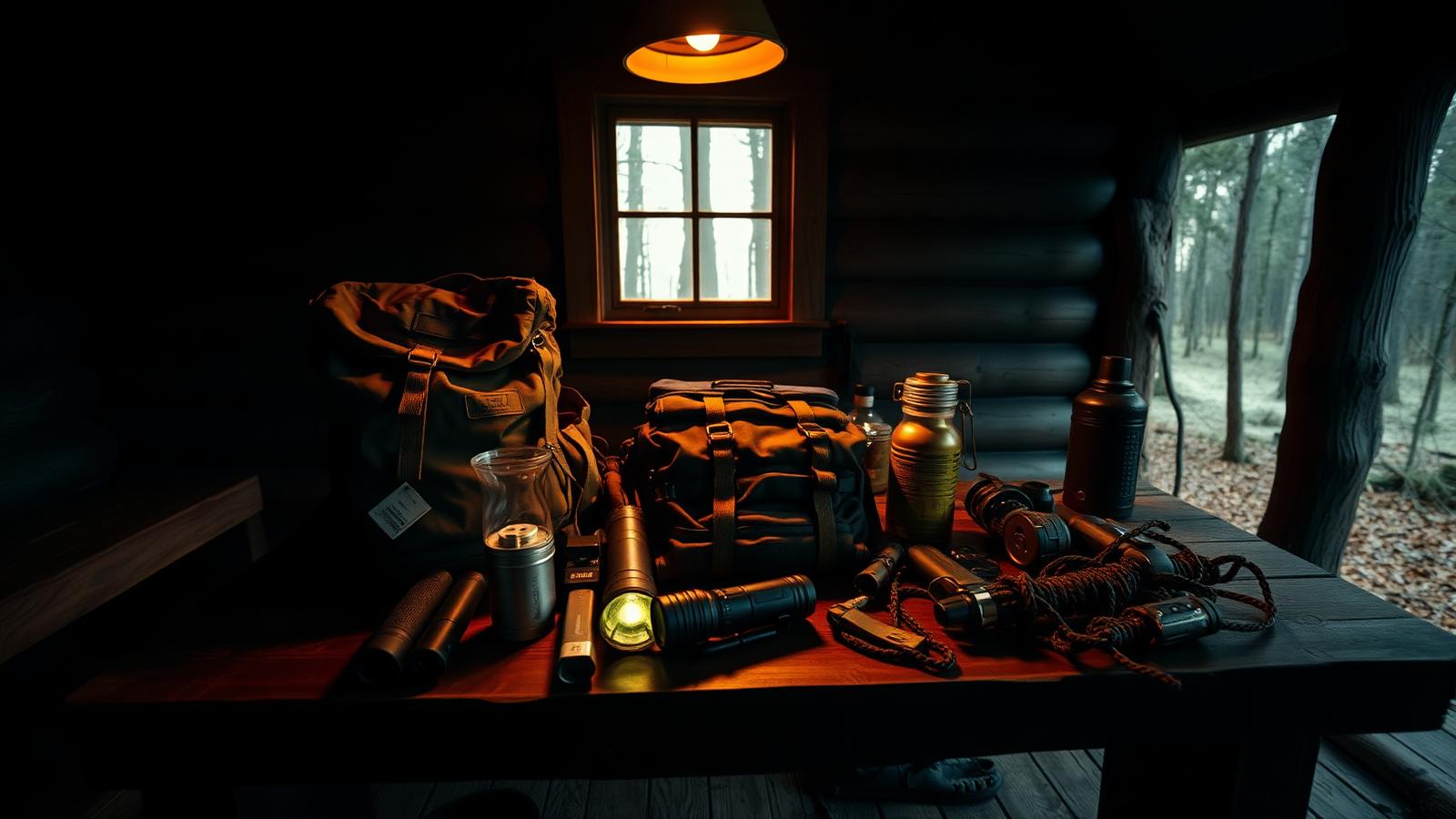 Survivalrugzak, waterfilter en zaklamp op een houten tafel in een hut in het bos