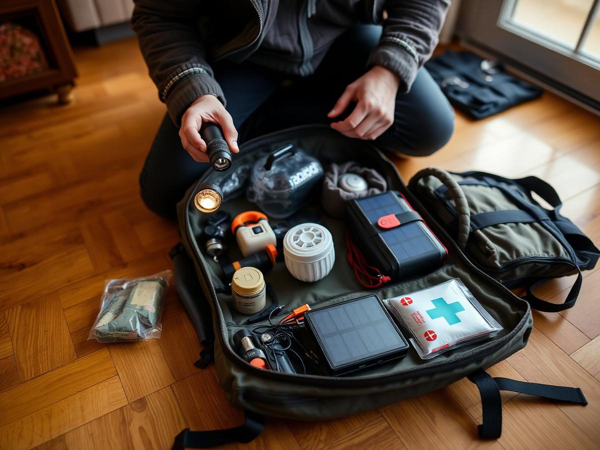 Iemand pakt thuis een noodrugzak met zaklamp, waterfilter en EHBO-set